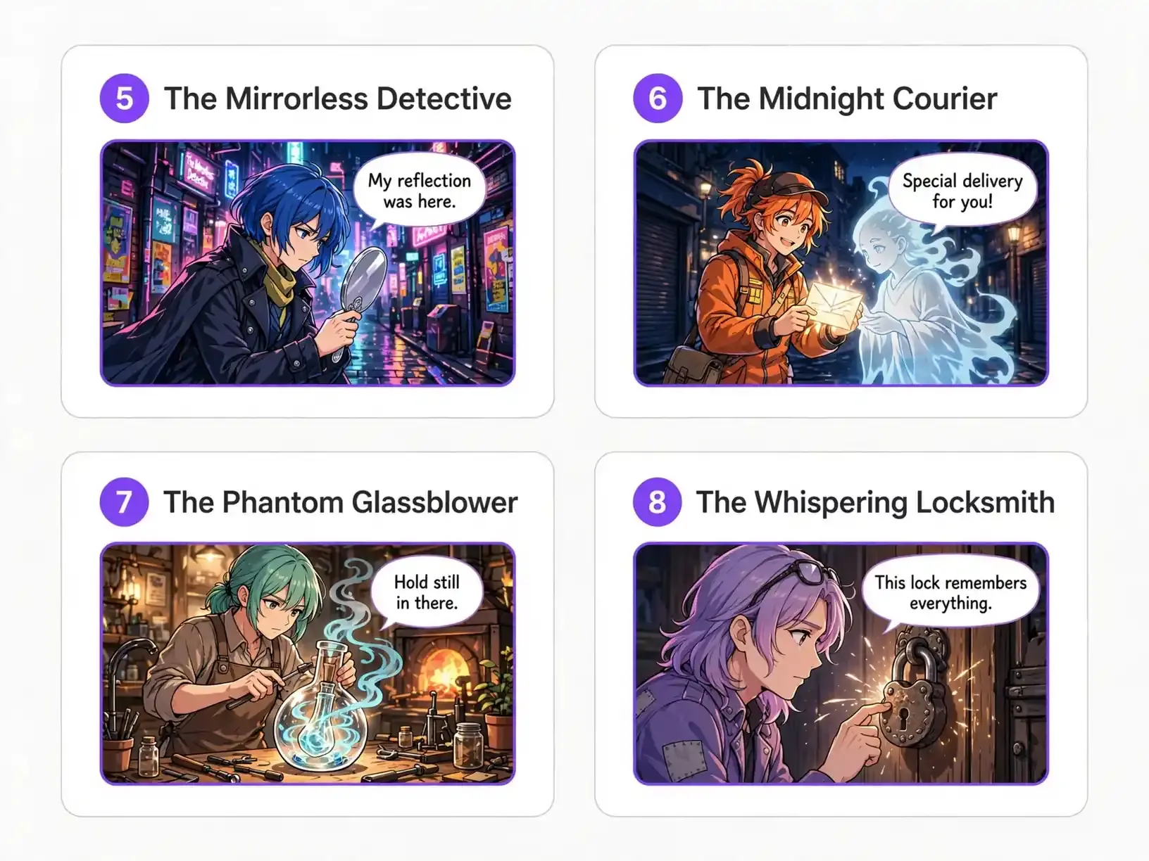 Mystery character concept sketches showing a detective, ghost courier, glass artisan, and lock specialist
