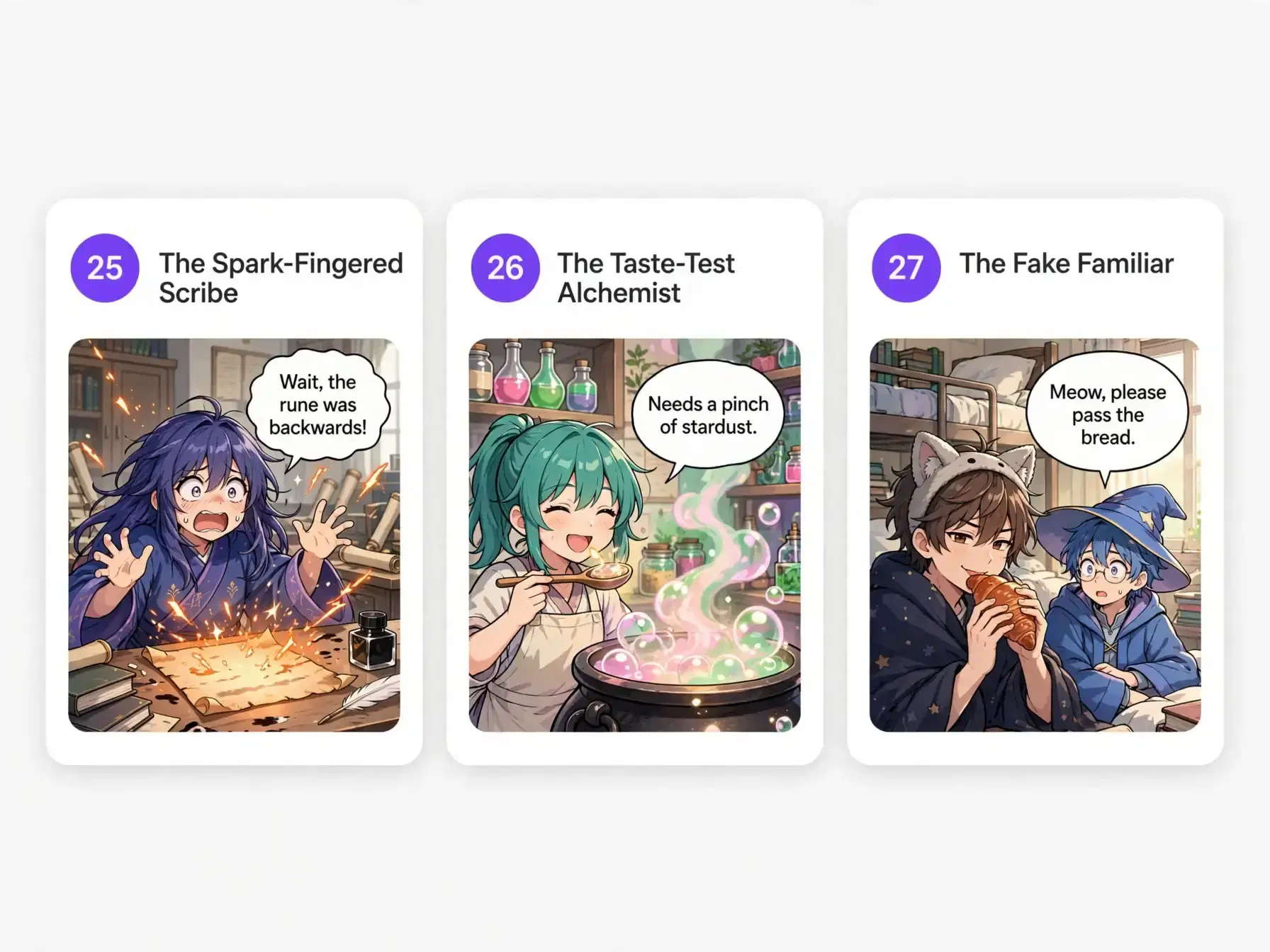 Three anime comic panels featuring a fire-starting scribe, a taste-testing alchemist, and a fake wizard familiar.