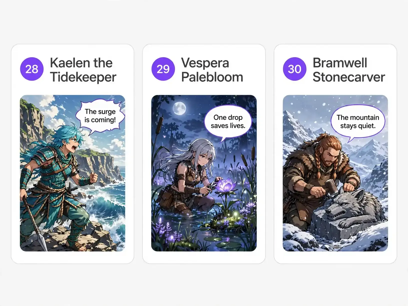 Grid of three anime comic cards featuring a coastal spearman, a swamp apothecary, and a mountain stonecarver.