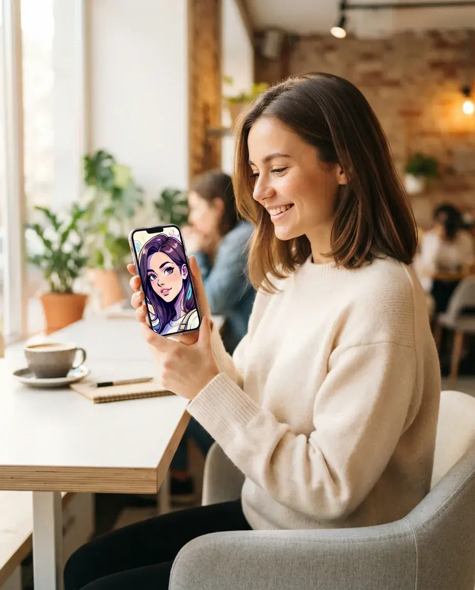 Persona che visualizza la versione a fumetto della propria foto su un telefono in un caffè luminoso