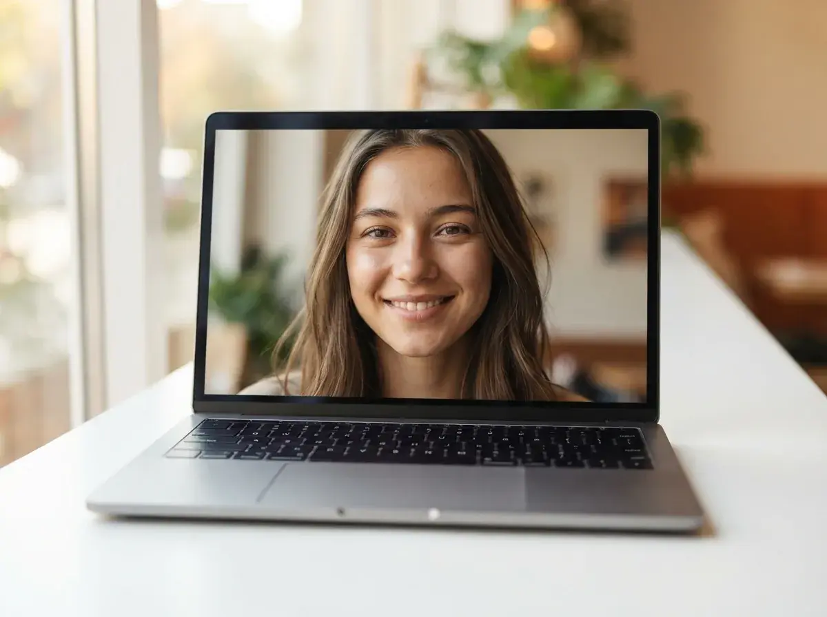 Maya che carica un selfie originale sul suo laptop color argento a un tavolo di un caffè illuminato dal sole