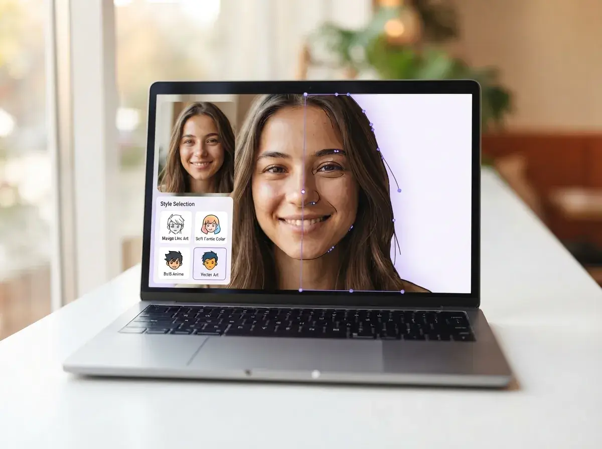 Maya che seleziona uno stile a fumetti mentre il suo selfie viene elaborato sul laptop al caffè