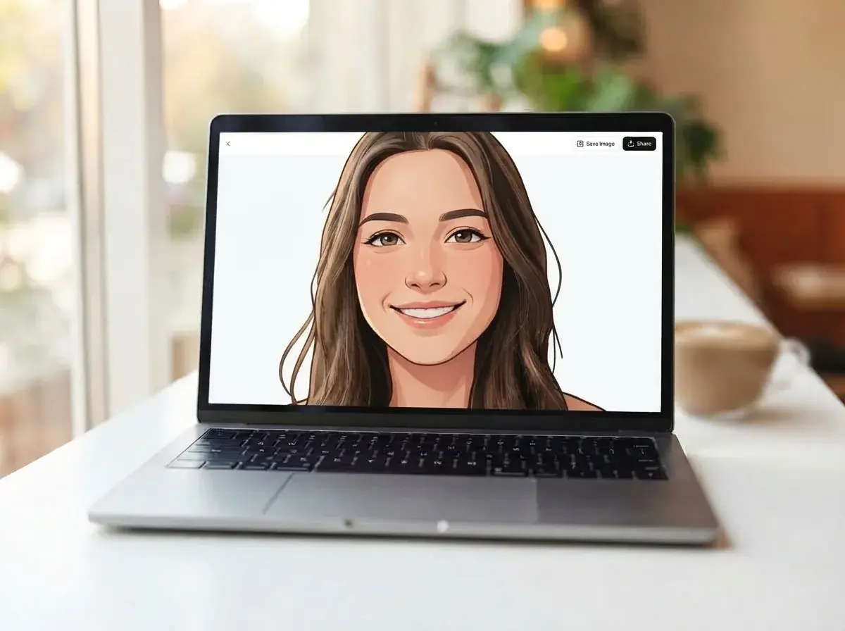 Maya che visualizza e scarica il suo ritratto a fumetti finito sul laptop color argento al caffè