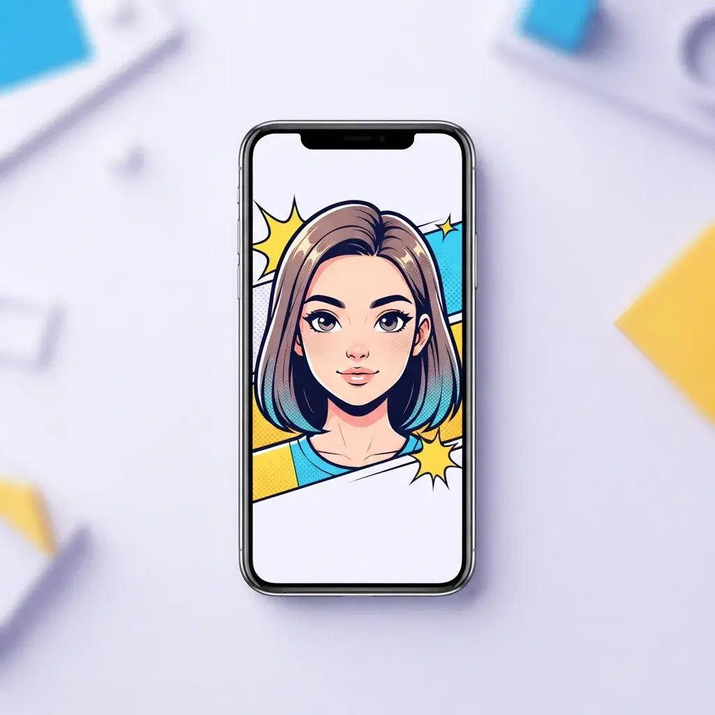 Schermo del telefono che mostra un selfie trasformato in un avatar di cartone animato