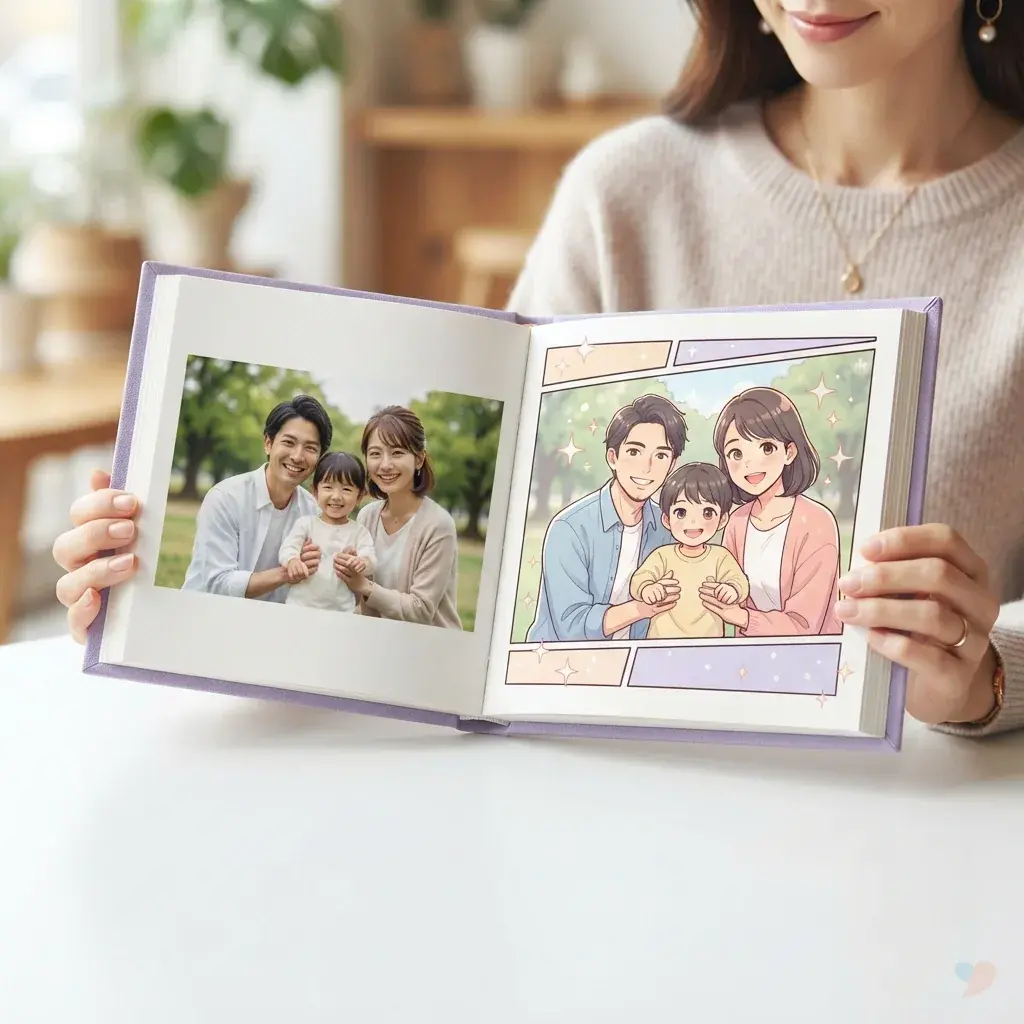 Laptop che mostra una foto di famiglia trasformata in un ritratto in stile cartone animato