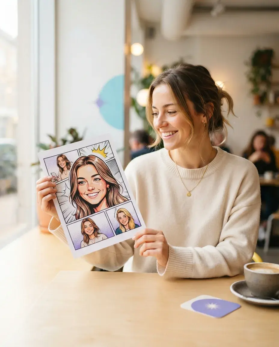Portræt i tegneseriestil fra et personligt foto i en lys cafescene