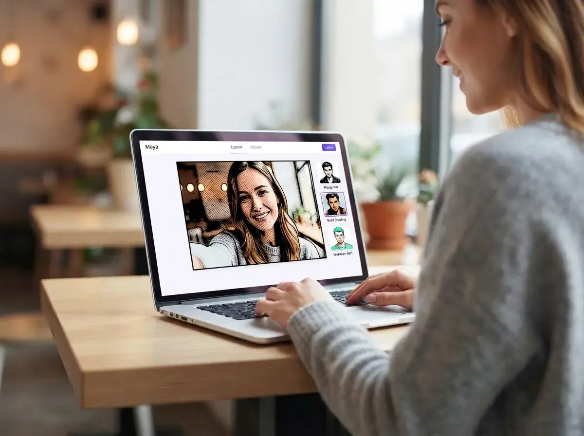 Maya vælger en tegneseriestil, mens billedet behandles på hendes bærbare computer
