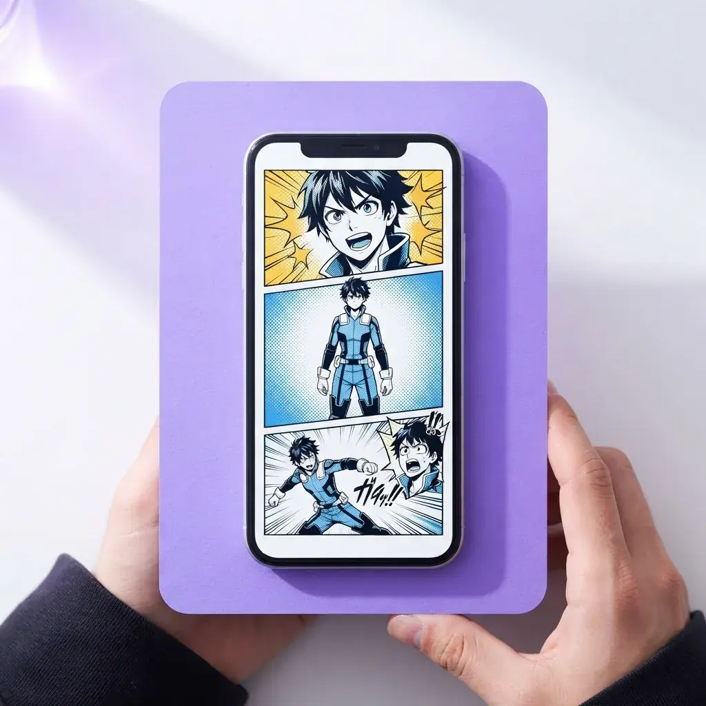 Cosplayer, der ser manga-stil karakterintroduktionspaneler på en telefon