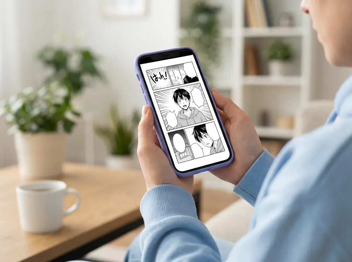جهاز كمبيوتر محمول يعرض أنماط مانجا وويبتون فنية مختلفة متاحة في أداة الإنشاء.